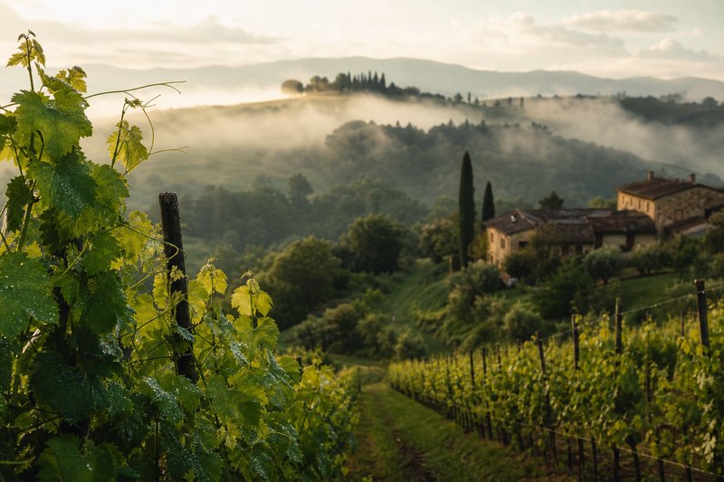 Vigneto verdeggiante e rigoglioso dopo la pioggia, con foglie di vite ricoperte di rugiada