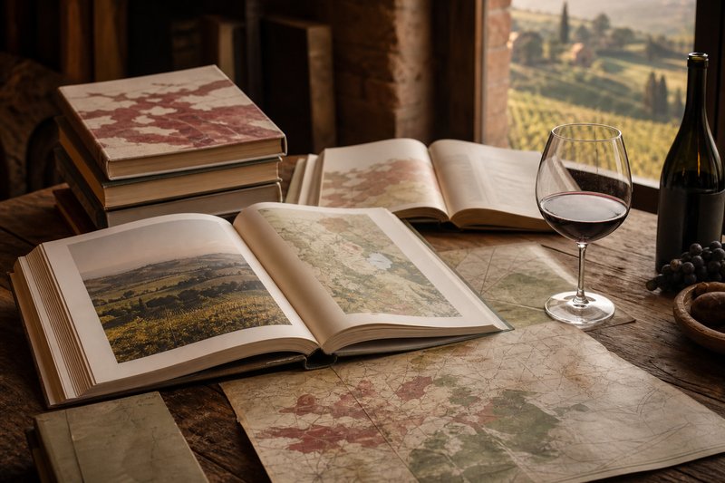 Pagine aperte di una guida sul vino accanto a un calice e a una cartina dei territori
