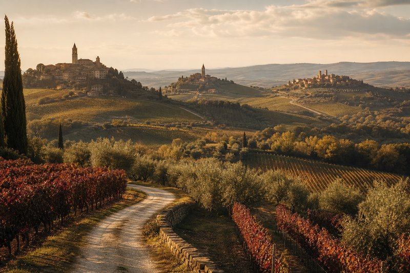 Strada di campagna che attraversa colline coltivate a vigneto verso alcuni borghi del vino italiani