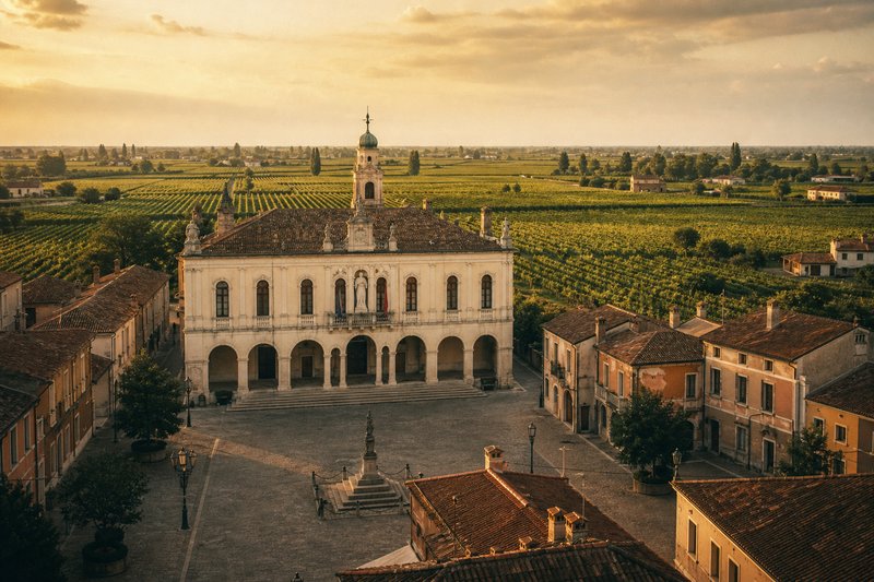 Vigneti ordinati della pianura veneta con un piccolo centro abitato sullo sfondo